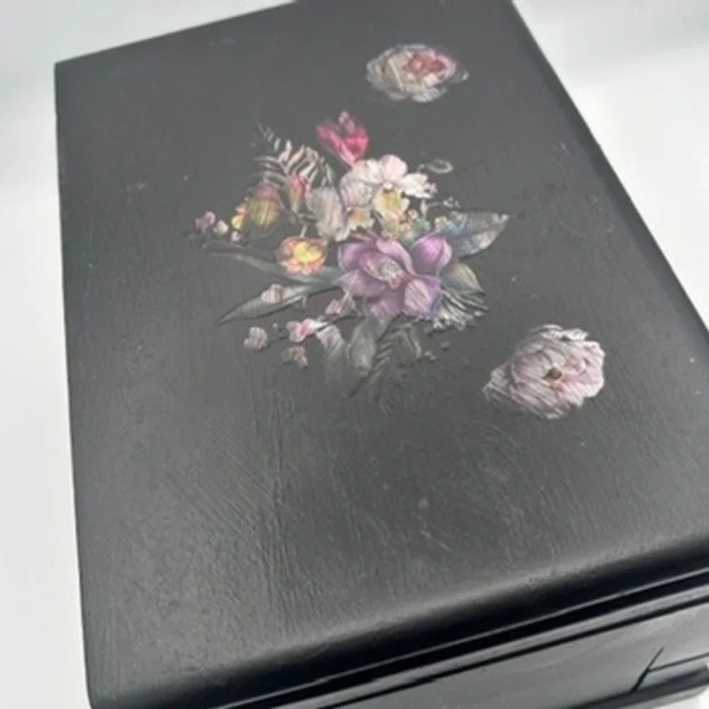 Vintage Wood Jewelry Box Organizer Black Floral Decal Storage Chest Cottagecore